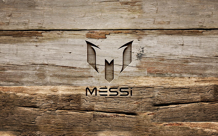 Lionel Messi wooden logo, , wooden backgrounds, football stars, Lionel Messi logo, Leo Messi, creative, wood carving, Lionel Messi HD wallpaper