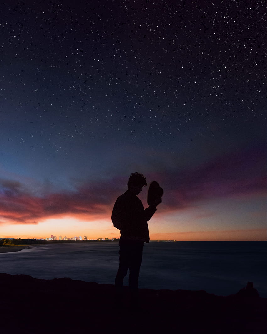 Horizont, Dunkel, Silhouette, Privatsphäre, Abgeschiedenheit, Sternenhimmel, Einsamkeit, Hut HD-Handy-Hintergrundbild