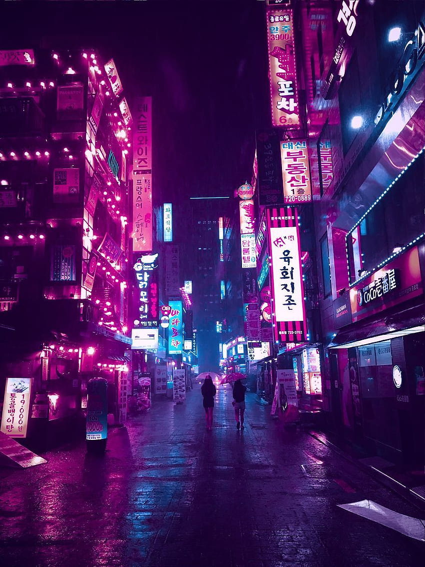 grafío Lluvia de Seúl con mi teléfono. Neon noir, Estética neón, Estética cyberpunk, Cyberpunk Purple fondo de pantalla del teléfono