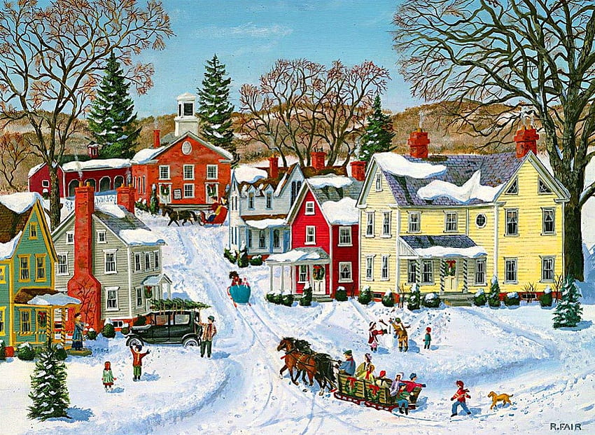 Christmas sleigh, winter, frost, mood, art, peaceful, rise, holiday, sleigh, painting, snow, christmas, street, trees, ebautiful, village, santa HD wallpaper
