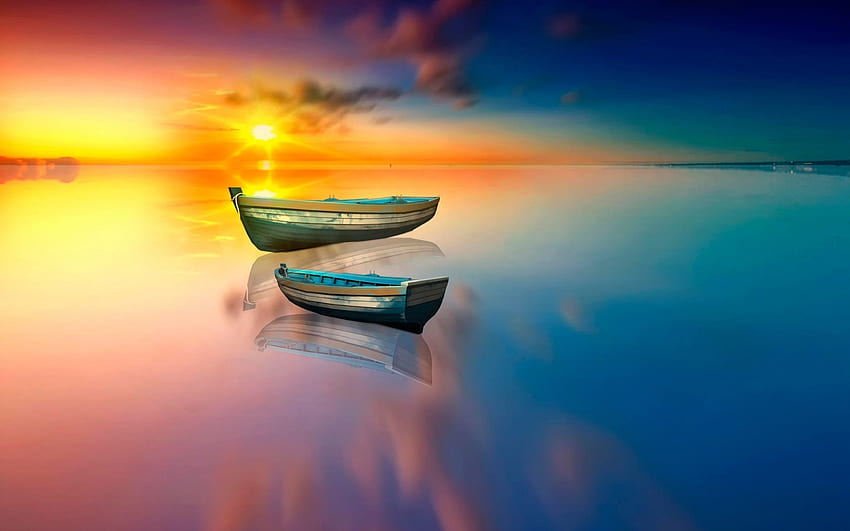 barcos flutuando em um mar de vidro ao pôr do sol r, mar, barcos, cores, vidro, r, pôr do sol papel de parede HD