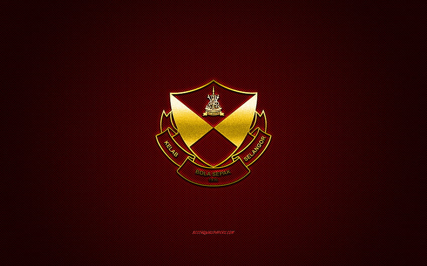 Selangor FC, malezyjski klub piłkarski, złote logo, czerwone tło z włókna węglowego, Malaysia Super League, piłka nożna, Selangor, Malezja, logo Selangor FC Tapeta HD
