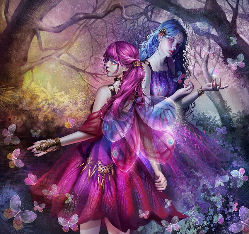 Elf girls, blue, pink, fantasy, couple, girl, elf HD wallpaper | Pxfuel