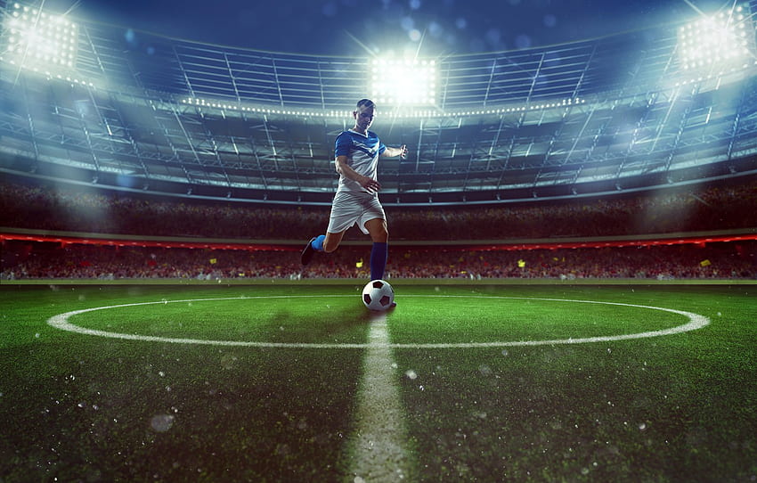 Field, Grass, Lights, Lawn, Football, Sport, The Game, Shorts, The Ball, T Shirt, Athlete, Male, Knee, Player, Uniform, Sneakers For , Section спорт HD wallpaper