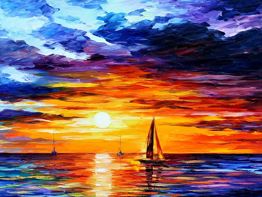 Sunset Over the Ocean Painting, blue, orange, sailboats, daylight, day, reflection, painting, boats, clouds, nature, sky, water, sun, sunset, ocean HD wallpaper