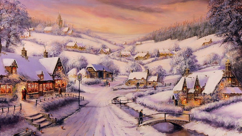 Snowy Winter Village Full, Winter Village Scenes HD wallpaper