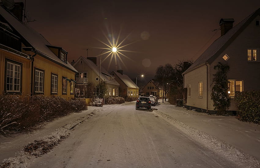 Sztokholm Szwecja Zima Śnieżna ulica Noc Ulica Tapeta HD