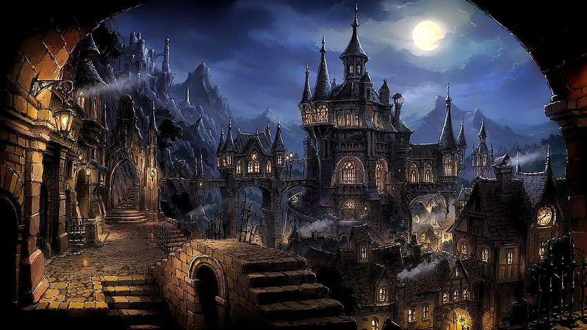 fantasy art, cityscape, night, evening, cathedral, metropolis, midnight, Gothic architecture, darkness, screenshot, computer . HD wallpaper