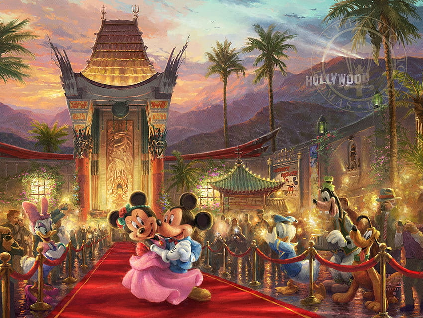 Night of stars, minnie, art, disney, stars, painting, mickey mouse, hollywood, pictura, luminos, palm trees HD wallpaper