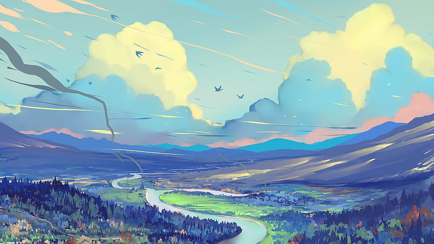 Sky, Landscape, Art, Mountains, Road HD wallpaper