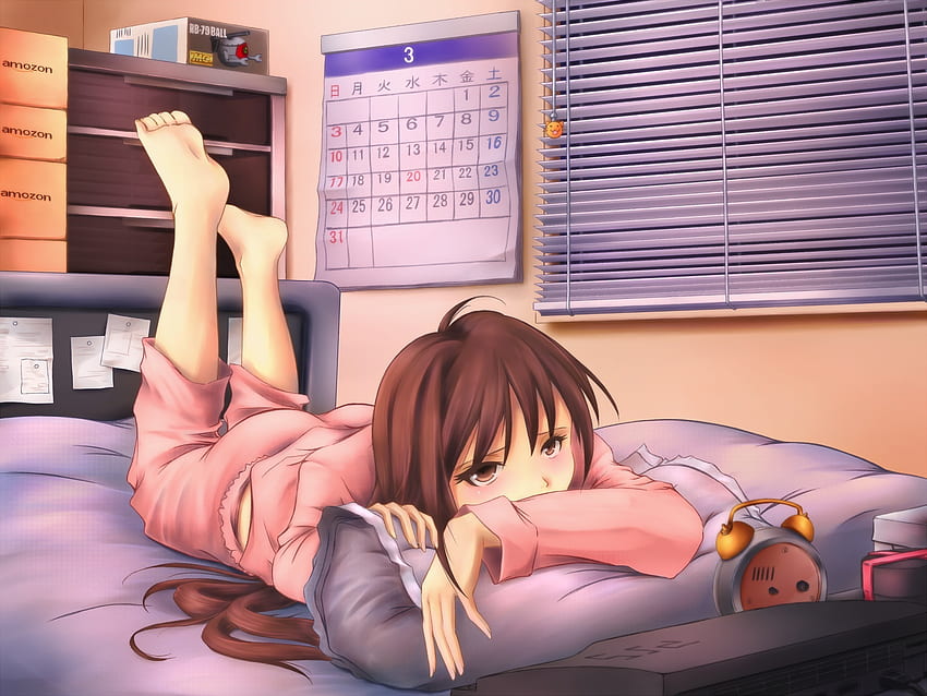 Lying down, bed, anime girl HD wallpaper
