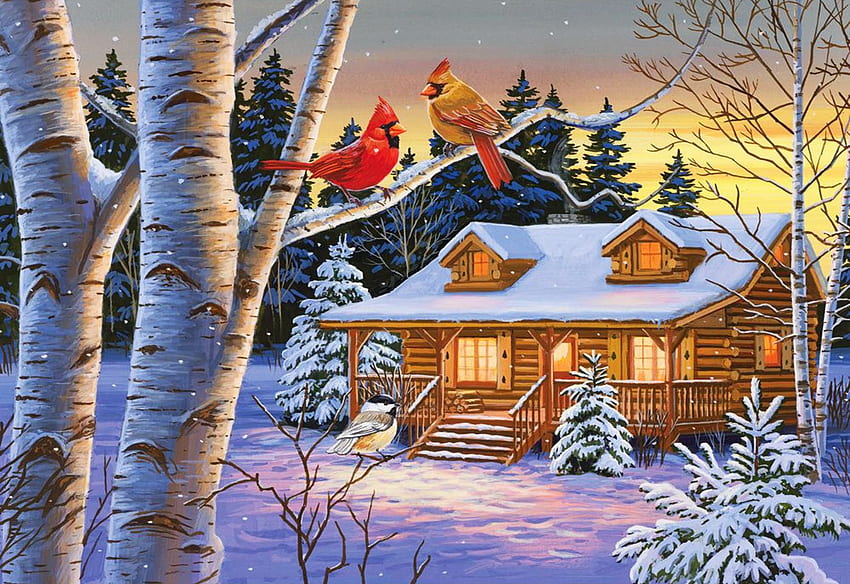 Rustic Retreat, artwork, birds, painting, snow, trees, cabin, sunset, cardinals HD wallpaper