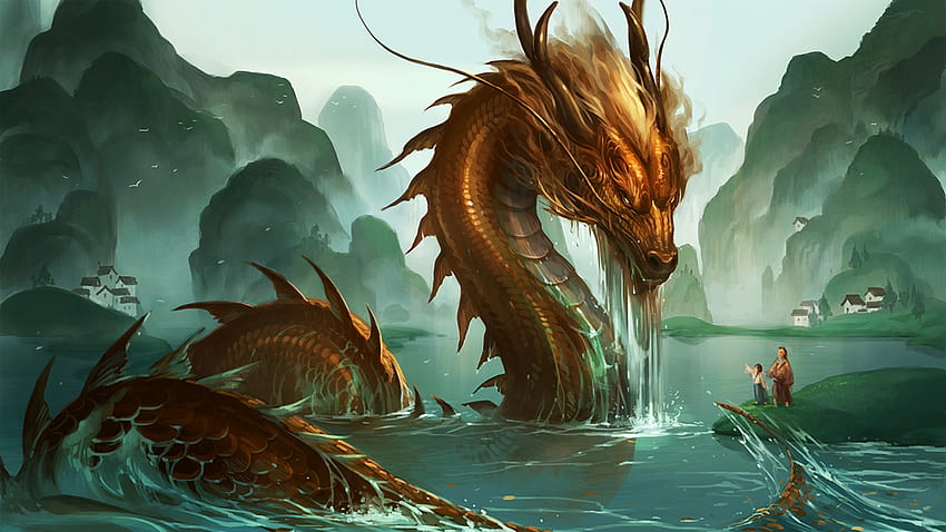 sea dragon, sea, dragon, people, mountain HD wallpaper