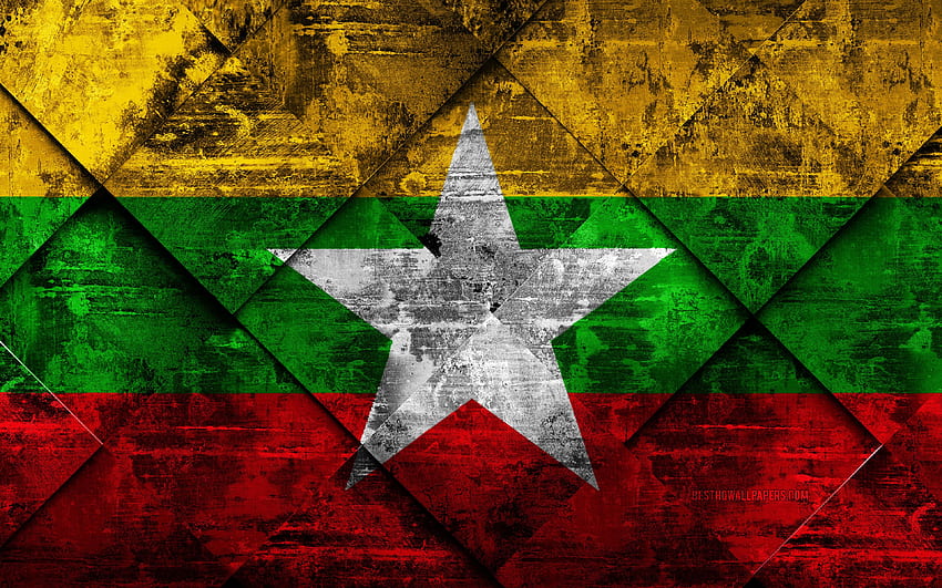 ミャンマーの国旗、グランジアート、ひし形 高画質の壁紙