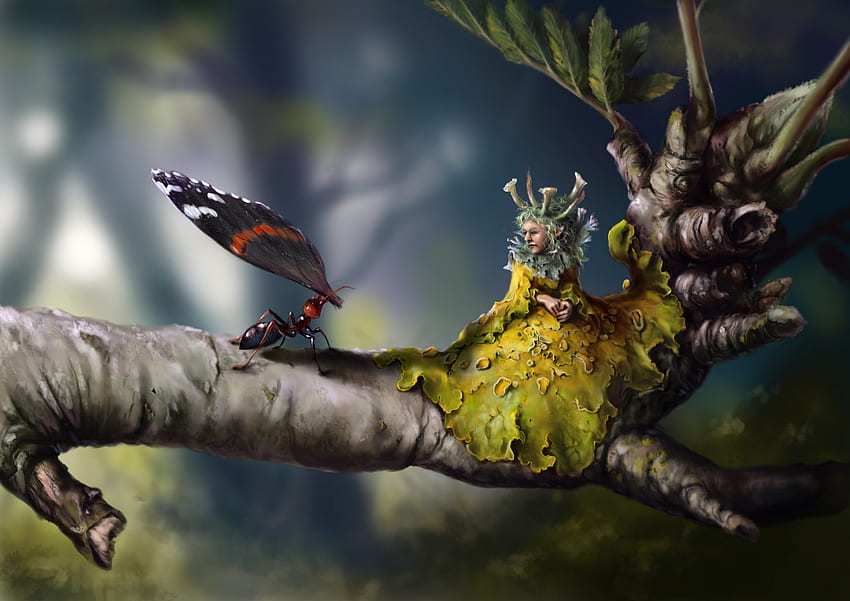 New wings, fairy, branch, hreen, wing, tale, fantasy, ant, girl HD