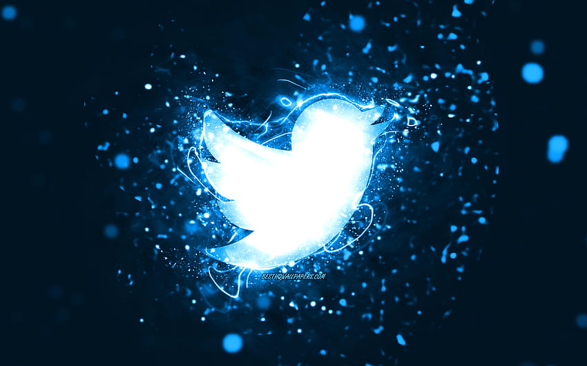 Twitter の青いロゴ、青いネオン、創造的な青い抽象的な背景、Twitter のロゴ、ソーシャル ネットワーク、Twitter 高画質の壁紙