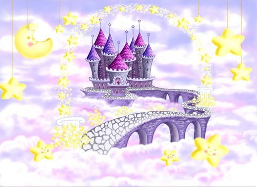 Castle in the stars, moon, clouds, bridge, stars, castle HD wallpaper