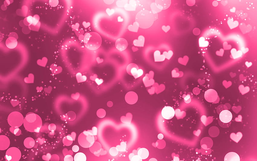 różowe błyszczące serca, różowe brokatowe tło, kreatywne, koncepcje miłosne, abstrakcyjne serca, różowe serca z rozdzielczością. Wysoka jakość Tapeta HD