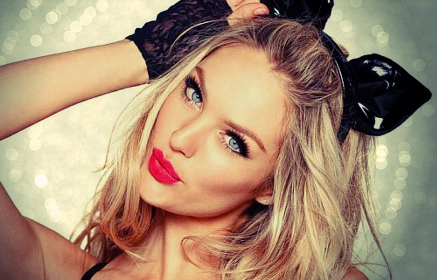 Candice Swanepoel, black, model, blue eyes, glitter, girl, beauty, woman, cehenot, pink, green, kiss, bow HD wallpaper