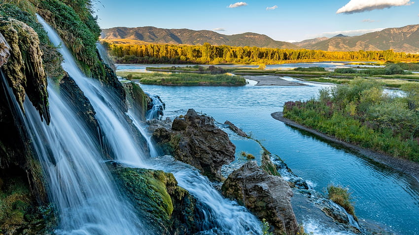 Swan Valley, Idaho, fiume, colline, alberi, paesaggio, cielo, Stati Uniti d'America Sfondo HD