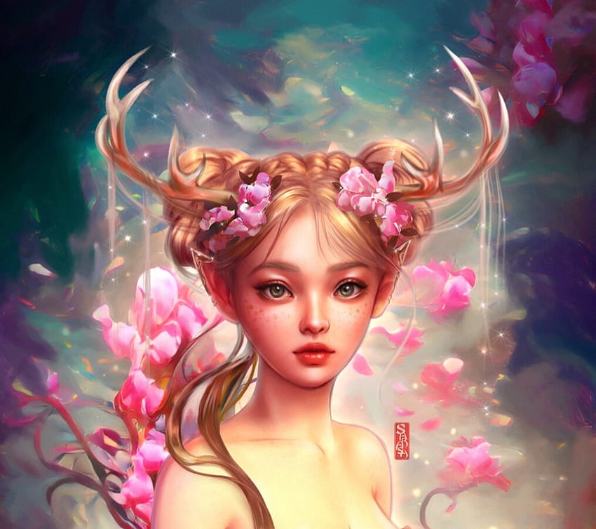 Fantasy girl, rogi, fantazja, kwiat, twarz, dziewczyna, wiosna, lana paluhina, frumusete, różowy, żółty Tapeta HD