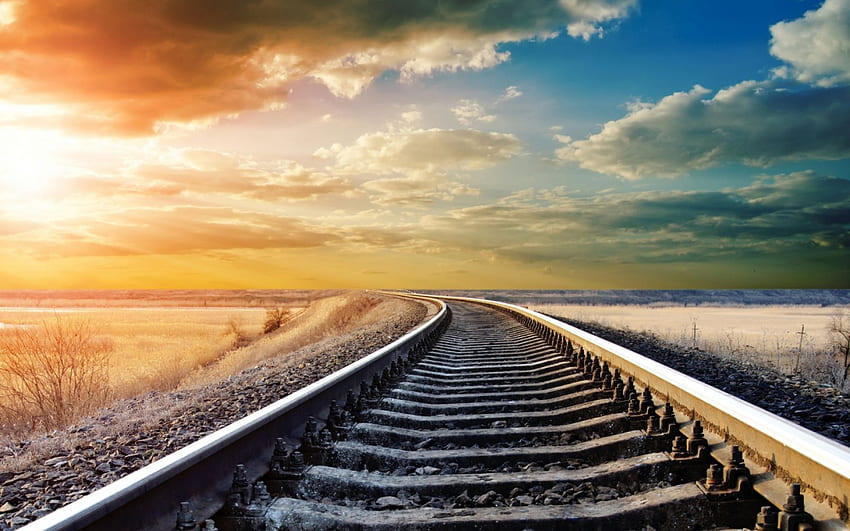 train tracks to the setting sun, clouds, fields, gravel, tracks, train, sunset HD wallpaper