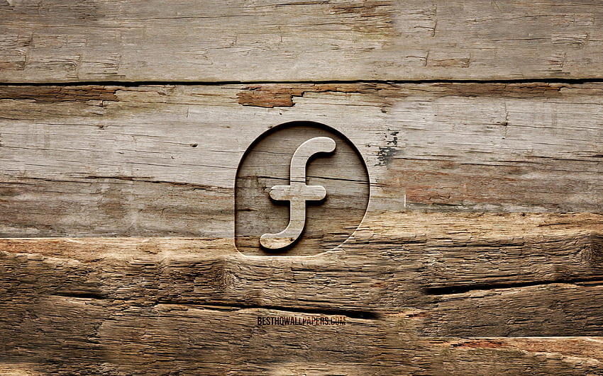 Drewniane logo Fedory, Linux, drewniane tła, OS, logo Fedory, kreatywne, rzeźbienie w drewnie, Fedora Tapeta HD