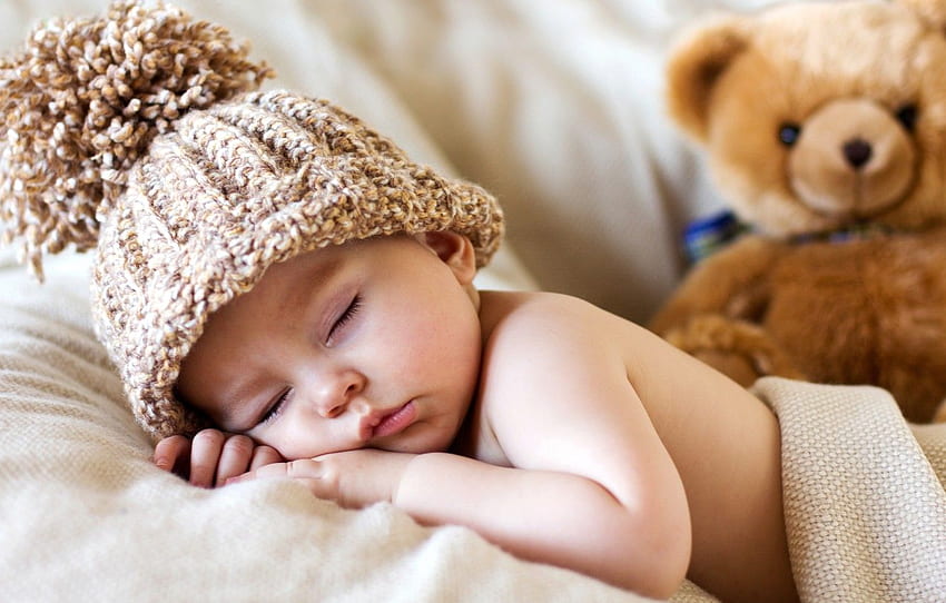 hat, toy, child, baby, bear, Sleeping Baby HD wallpaper