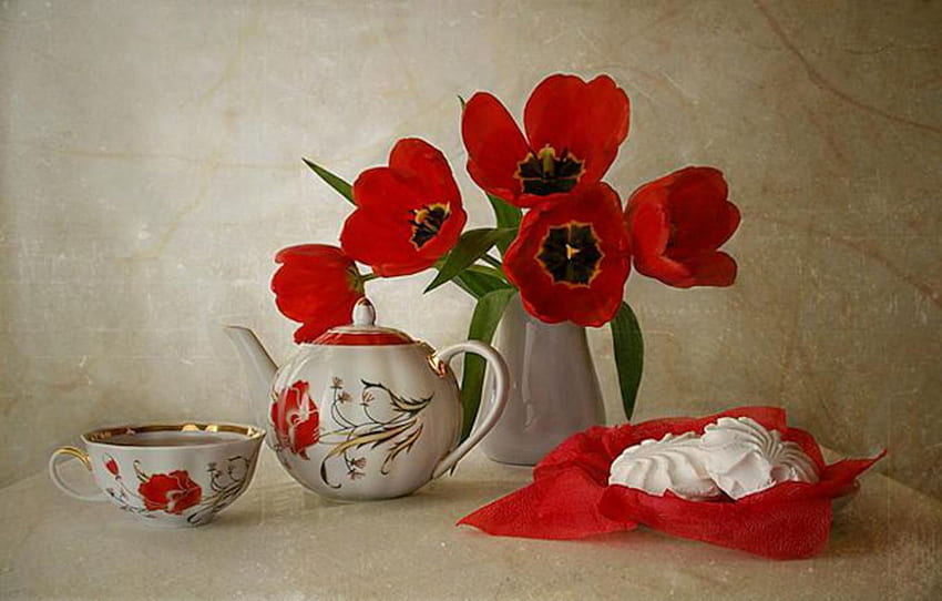 Still Life, graphy, vase, kettle, flowers, cup HD wallpaper