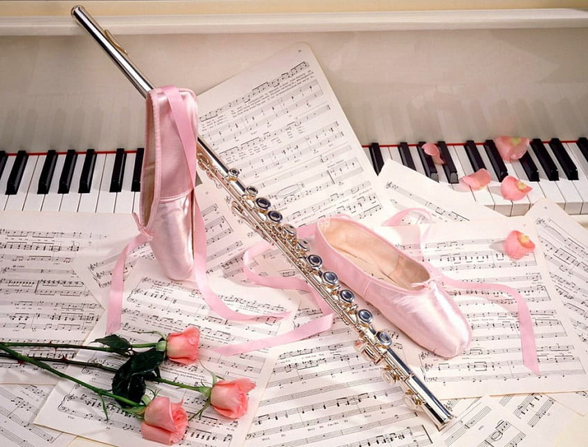 El escenario espera, rosa, flauta, música, piano, rosas, zapatillas, ballet. fondo de pantalla
