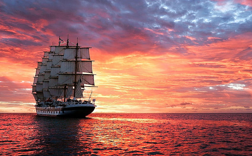 Rejs, morze, statek, zachód słońca Tapeta HD