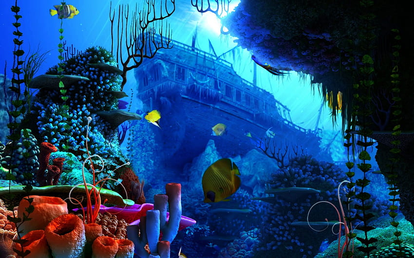 Arrecife de coral, obras de arte, naufragio, bajo el agua, peces, corales fondo de pantalla