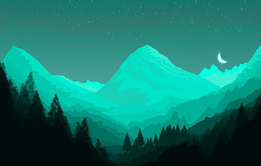 vert, minimal, sombre, clair, lune, forêt, forêt minimaliste Fond d'écran HD