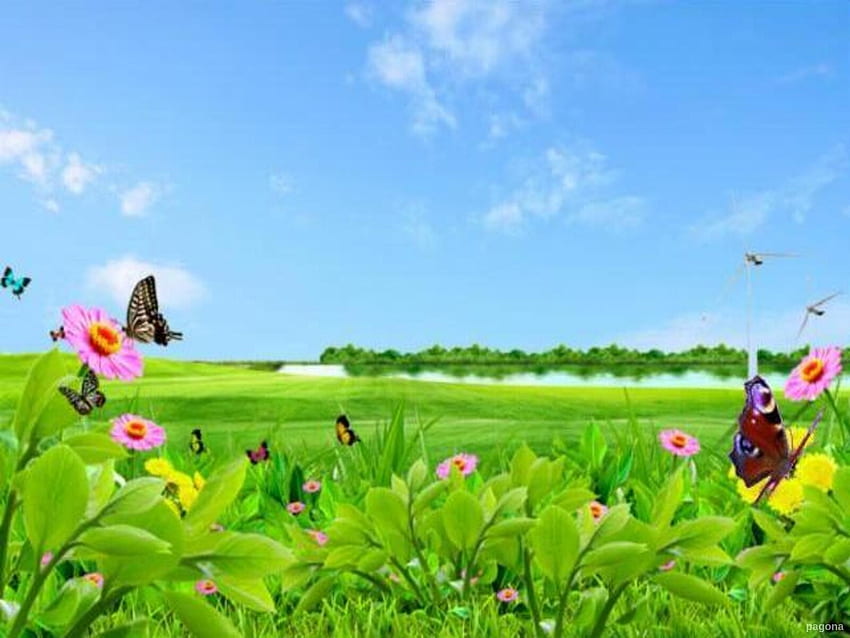 spring, butterflies, Lake, sky, flowers HD wallpaper
