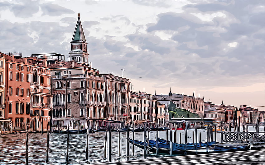 Venesia, Kanal besar, seni vektor, Venesia, seni kreatif, seni Venesia, vektor, lanskap kota abstrak, lanskap kota Venesia, Italia Wallpaper HD