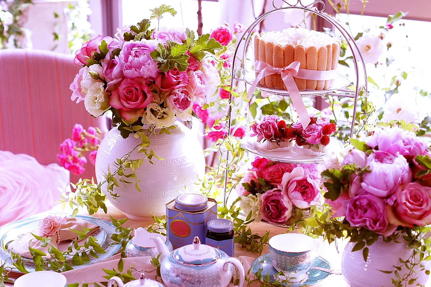 Фон за градинско чаено парти, градина с чаени цветя HD тапет