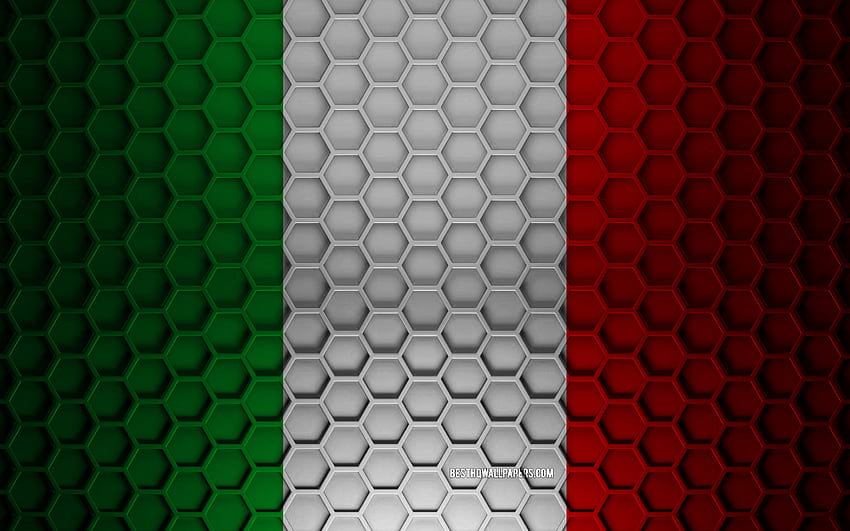 ธงอิตาลี, พื้นผิวหกเหลี่ยม 3 มิติ, อิตาลี, พื้นผิว 3 มิติ, ธงอิตาลี 3 มิติ, เนื้อโลหะ, ธงอิตาลี วอลล์เปเปอร์ HD