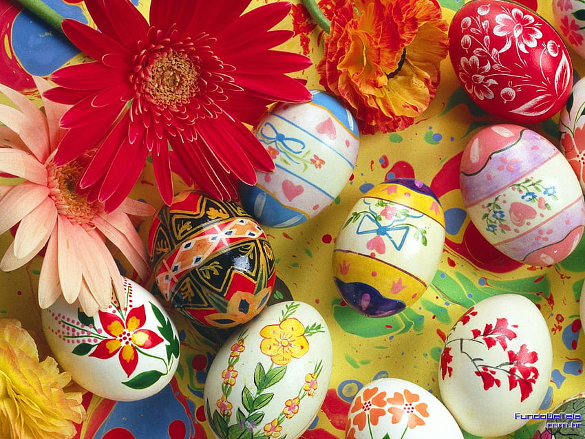 Easter eggs, colorful, art, paint, easter, flowers, gerbera, eggs, artistic HD wallpaper