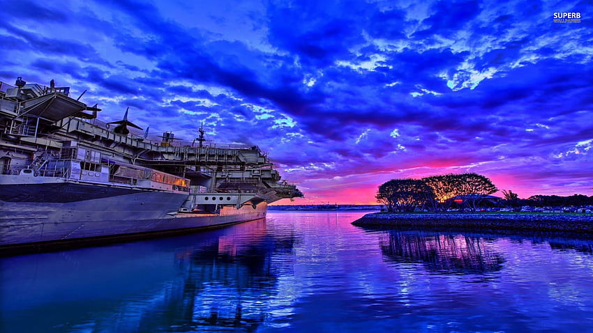 aircraft carrier passing by the bay shore r, shore, bay, r, aircraft carrier, sunset HD wallpaper