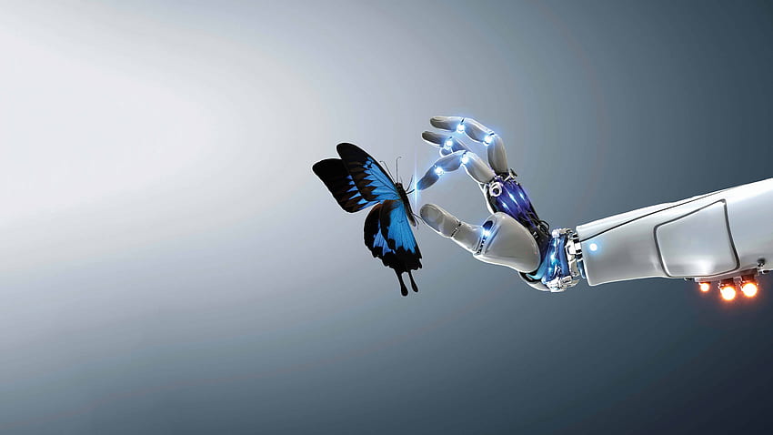 Papillon dans la main, bras de robot Fond d'écran HD