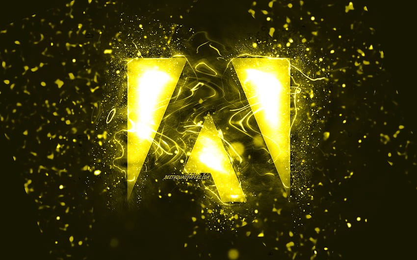 Adobe yellow logo, , yellow neon lights, creative, yellow abstract background, Adobe logo, brands, Adobe HD wallpaper