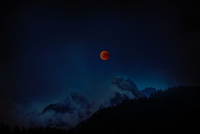 宇宙, 山, 夜, 星空, 満月, 赤い月 高画質の壁紙