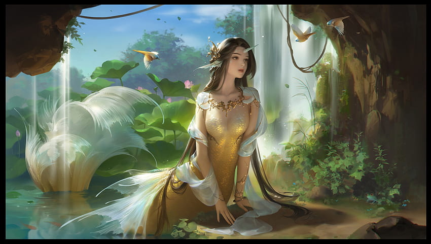 Meerjungfrau, Fantasie, gelb, wunderschön, Mädchen, Yuanyuan Wang, Sirene, golden, Sommer, hervorragend, vara HD-Hintergrundbild