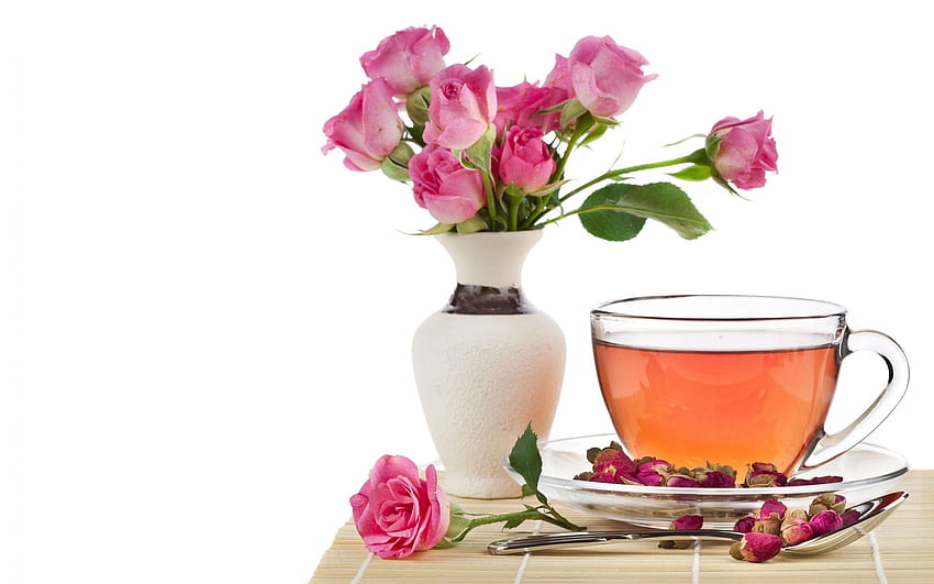 Róże i herbata, grafika, herbata, różowe róże, piękno, róża, płatki, różowe płatki, czas na herbatę, róże, wazon, różowa róża, romans, piękny, kubek, martwa natura, różowy, ładny, z miłością, natura, romantyczny, kwiaty, filiżanka herbaty, śliczna, dla ciebie Tapeta HD