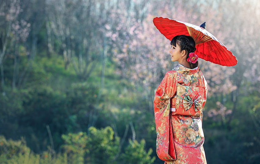 :), アジア人, 赤, 着物, モデル, 日傘, 女の子, 女性 高画質の壁紙