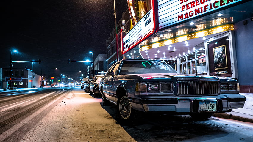 Класическа кола, нощен живот, град, кола, сняг, улица, автомобил, ретро HD тапет