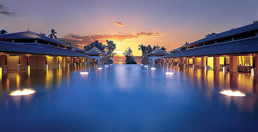 Endless pool, blue, lights, building, pool, beautiful, water, sunset, ocean HD wallpaper