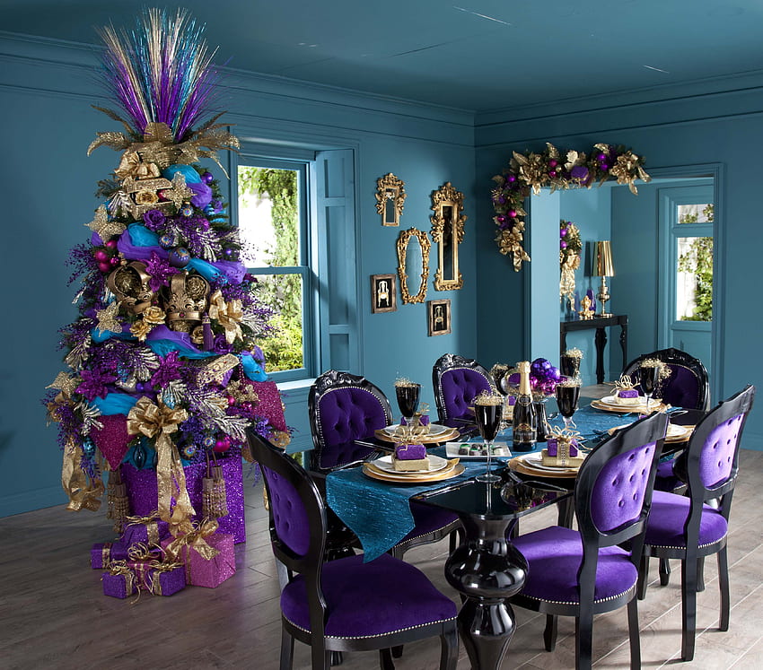 ω•✿•ω Time for Christmas ω•✿•ω, azul, interiores, entretenimento, mesa festiva, espelhos, roxa, moda, presentes, tempo, amor, original, mais feliz, para sempre, diferente, árvore de natal papel de parede HD