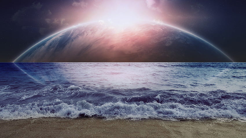 먼 해안, 바다, 파도, 모래, 행성, 달, 태양 HD 월페이퍼
