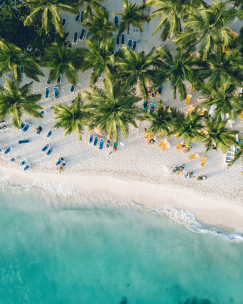 Błękitna plaża, widok z lotu ptaka, spokojna i zrelaksowana, miejsce na wakacje Tapeta na telefon HD